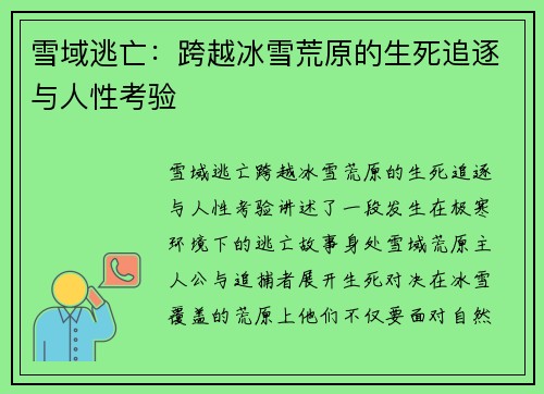 雪域逃亡:跨越冰雪荒原的生死追逐与人性考验 雪域逃亡:跨越冰雪荒原的生死追逐与人性考验